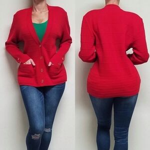 RARE Vintage Artesania Mery Cherry Red V-neck Ribbed Knit Button Up Cardigan